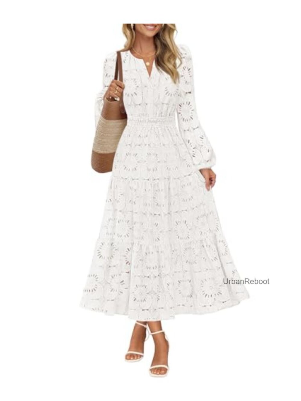 Women's Long Sleeve Eyelet Lace Floral Maxi Dress with Pockets
